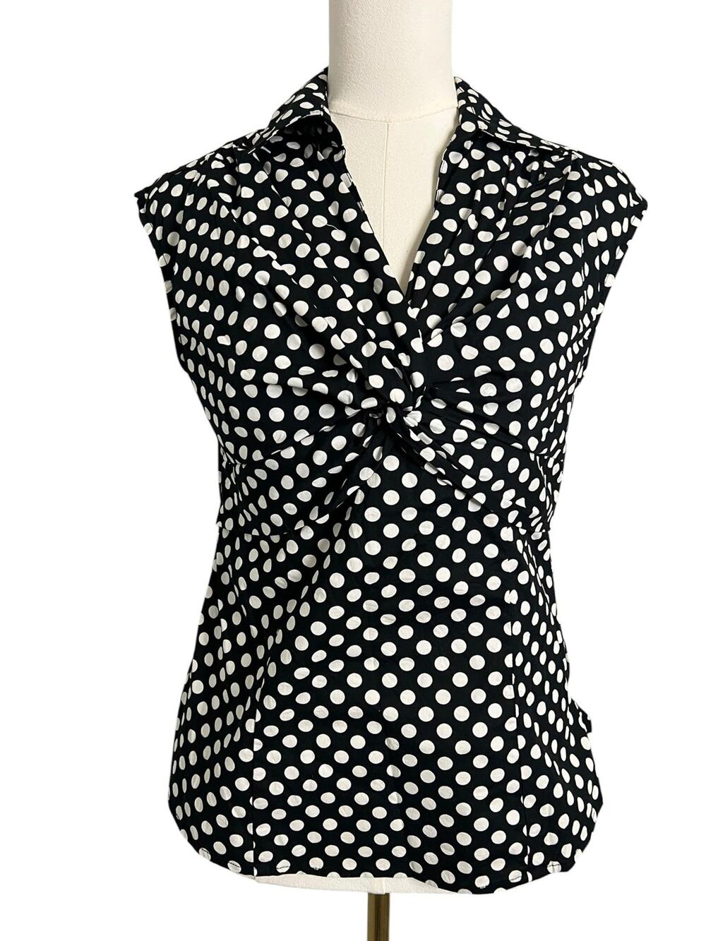 Alfani Blouse Womens 2 Black Polka Dot Twist Front Sleeveless Career Top Retro